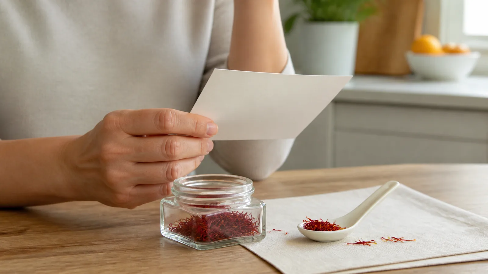 An adult checking guidance beside saffron threads