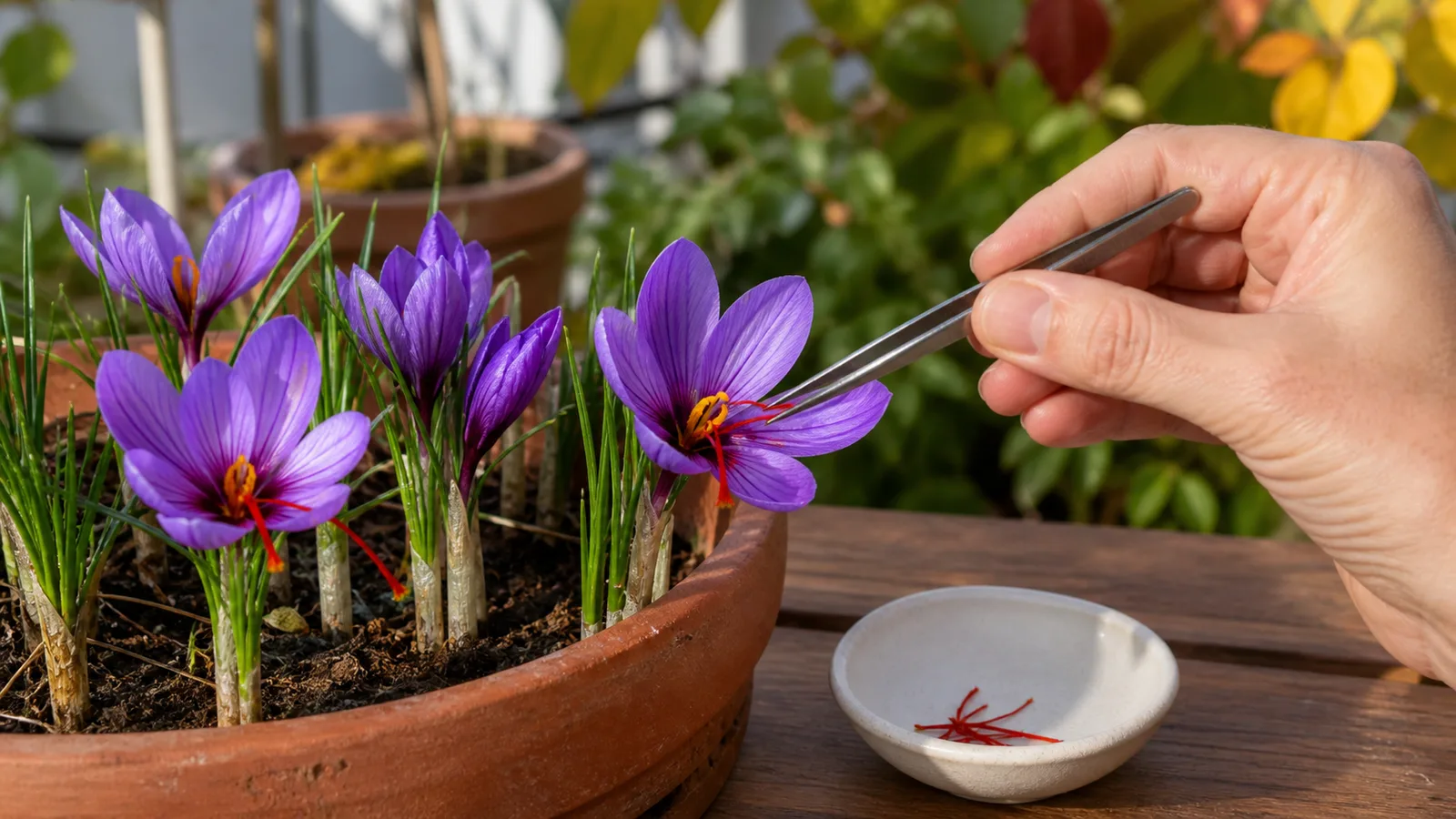 A hand harvesting red stigmas from home-grown saffron crocus flowers