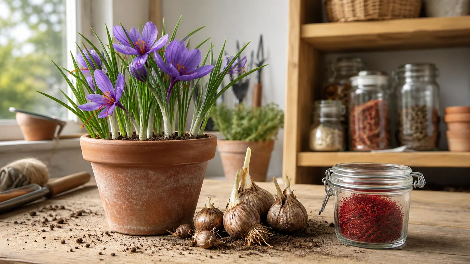 Saffron crocus plants, corms and a jar of dried saffron threads