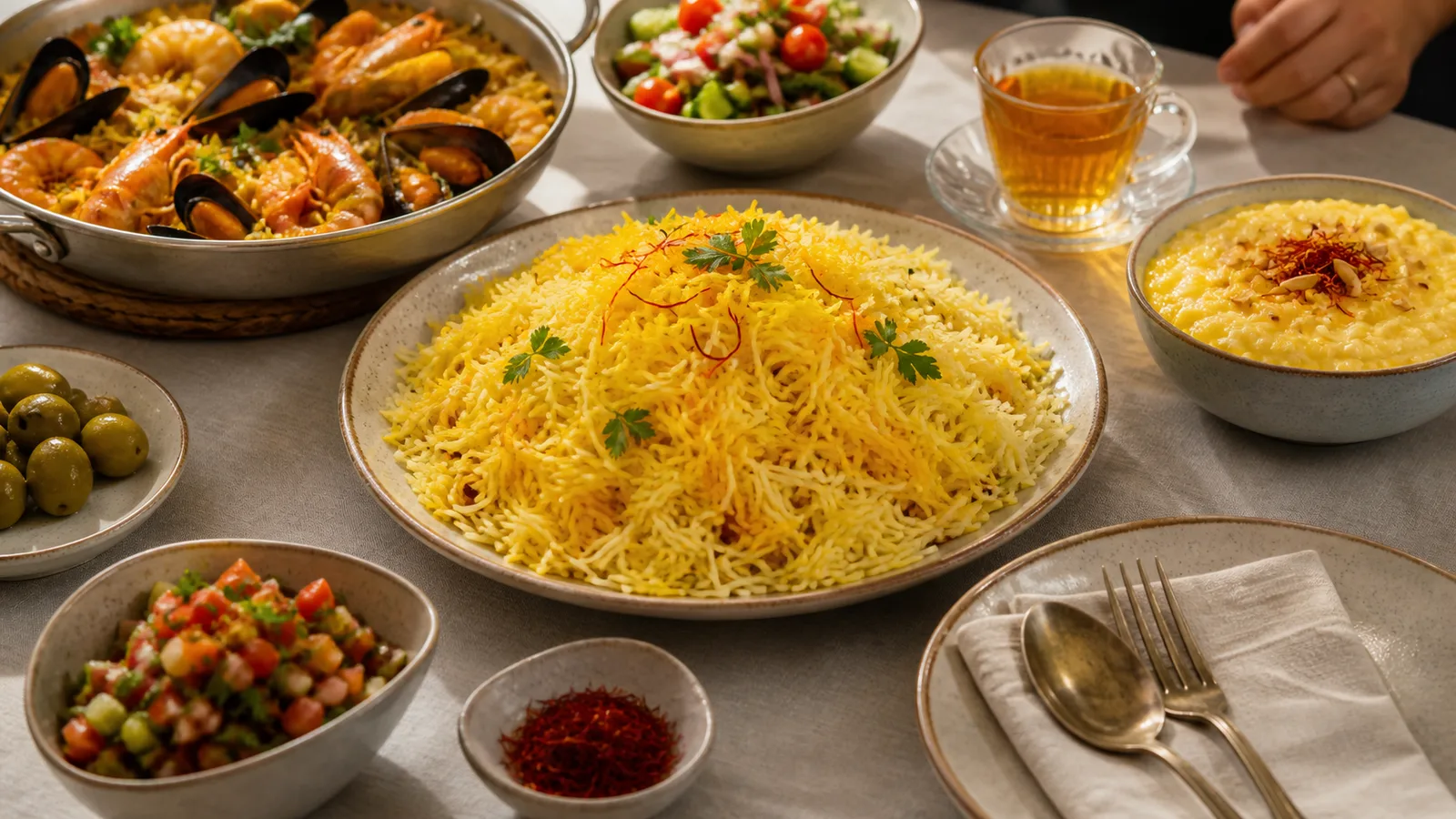 A table of saffron rice, seafood rice, pudding and tea