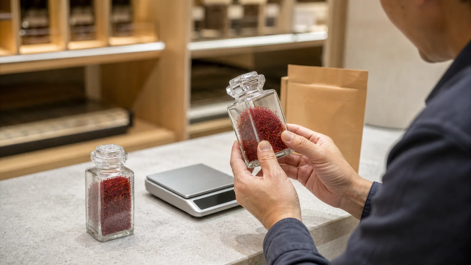 A shopper inspecting saffron threads beside a kitchen scale