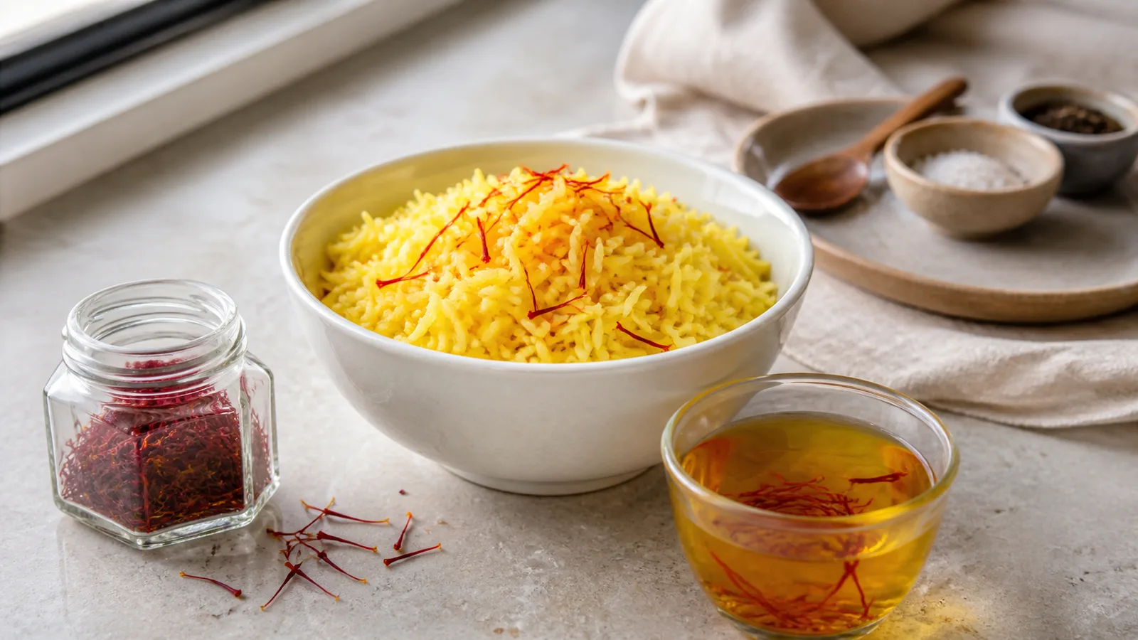 Saffron threads in rice beside a golden saffron infusion