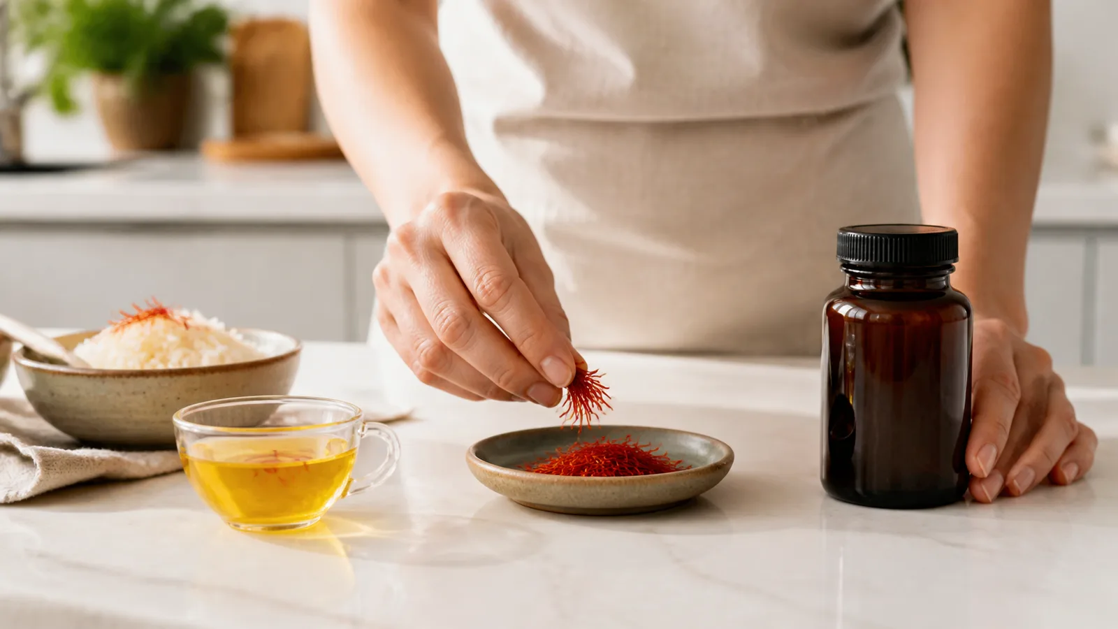Person preparing saffron food beside a separate supplement bottle
