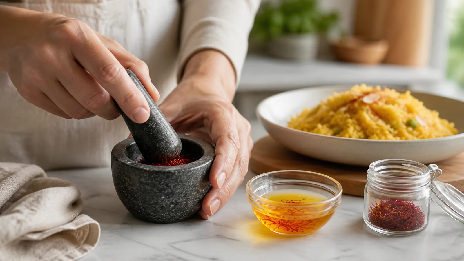 Cook crushing saffron threads beside a bowl of saffron infusion