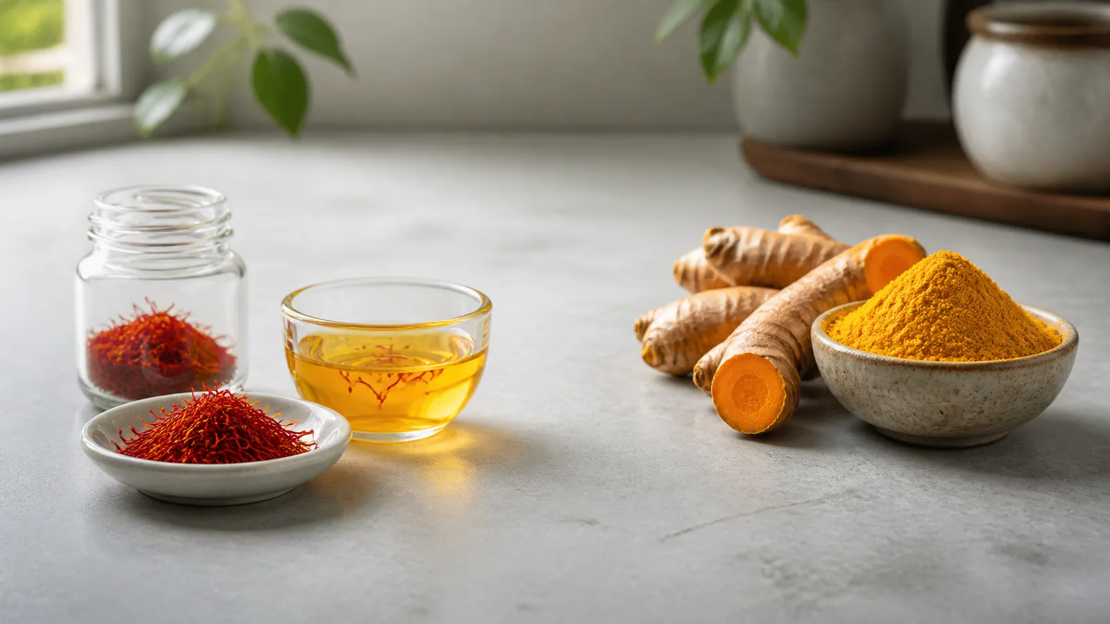 Saffron threads and infusion beside turmeric root and powder