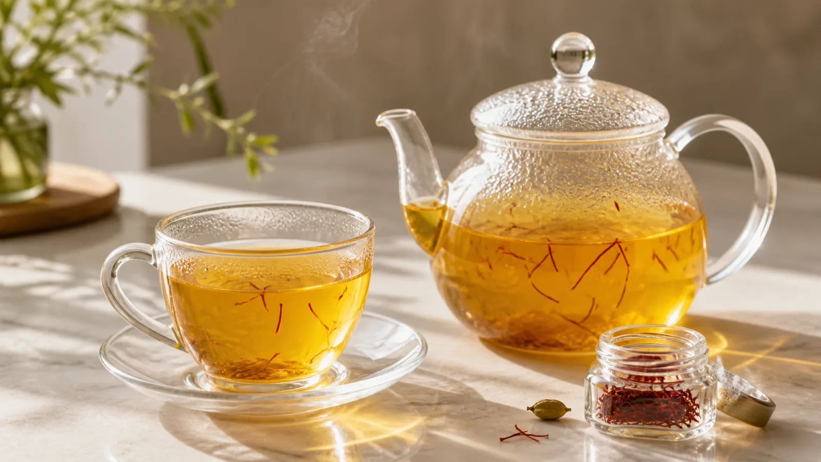 Glass cup and teapot of golden saffron tea with visible threads