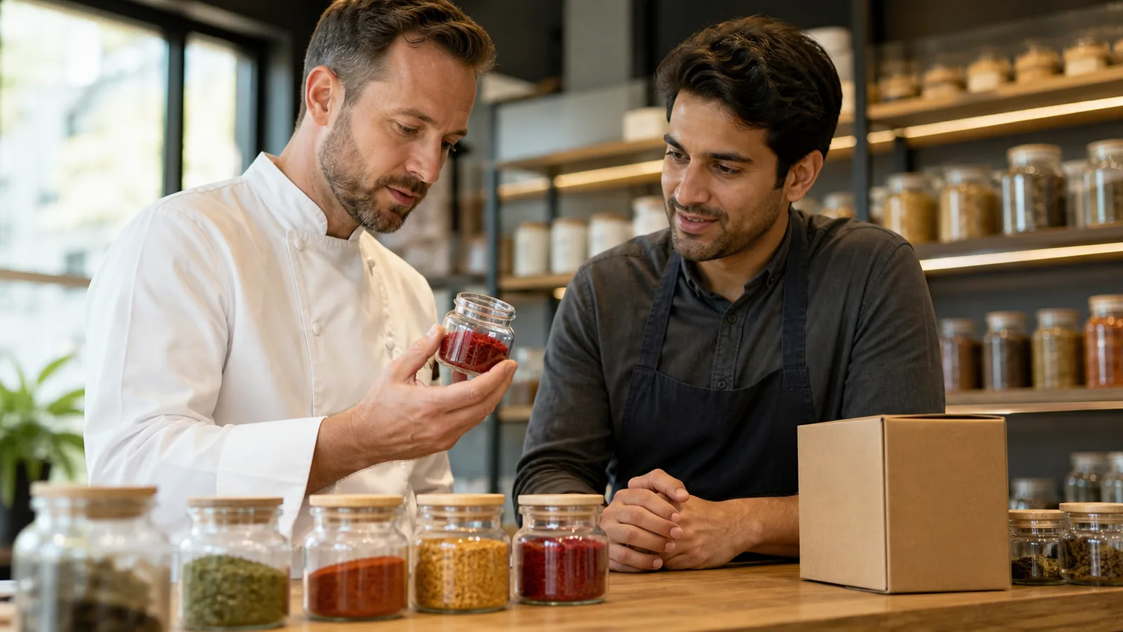 Chef and spice seller inspecting a jar of saffron threads
