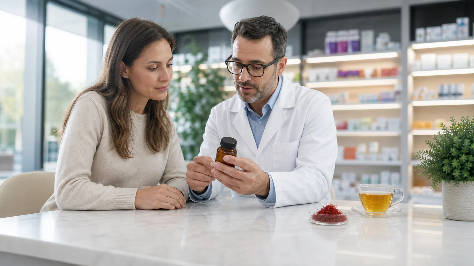 Pharmacist reviewing a supplement bottle beside culinary saffron