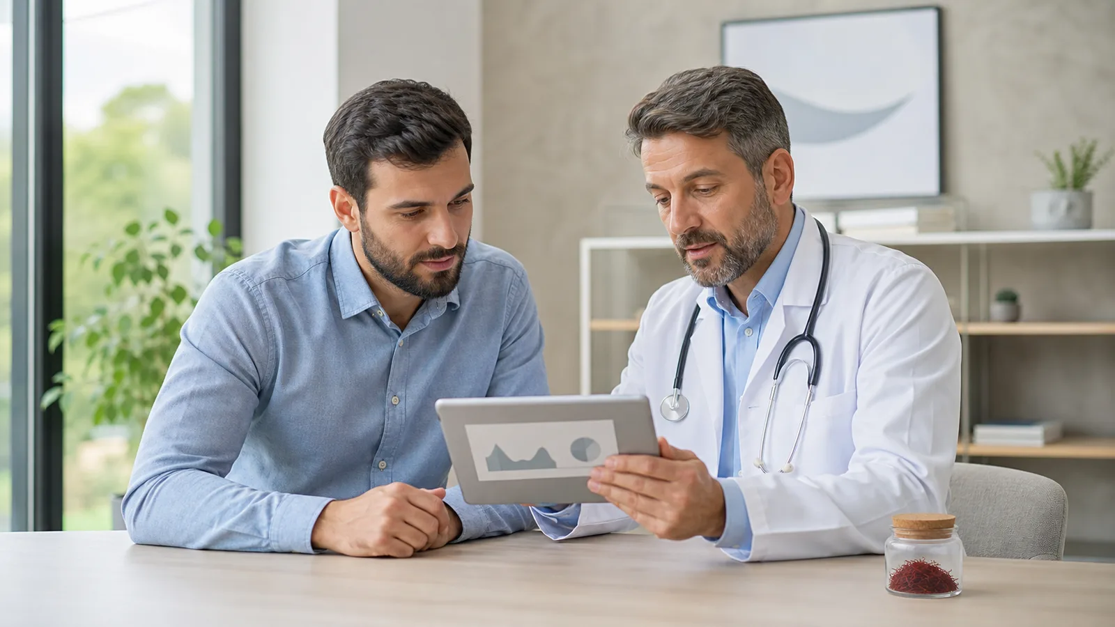 Clinician reviewing fertility evidence with a man beside a saffron jar
