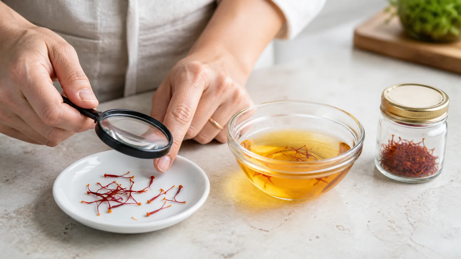 Person inspecting saffron threads beside a golden water infusion