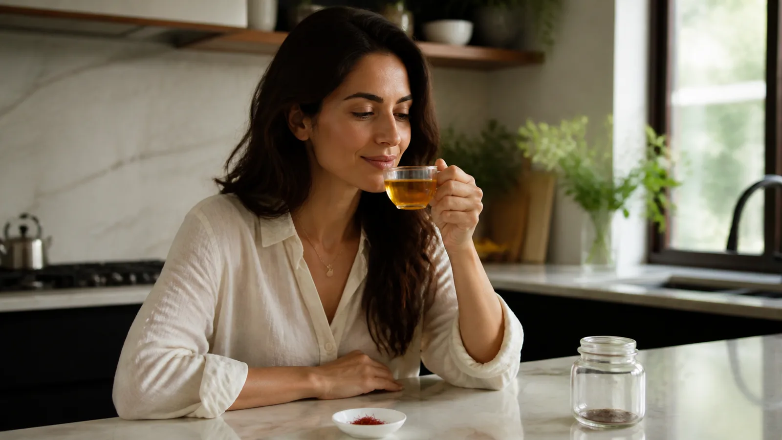 Woman tasting plain saffron infusion beside a few saffron threads