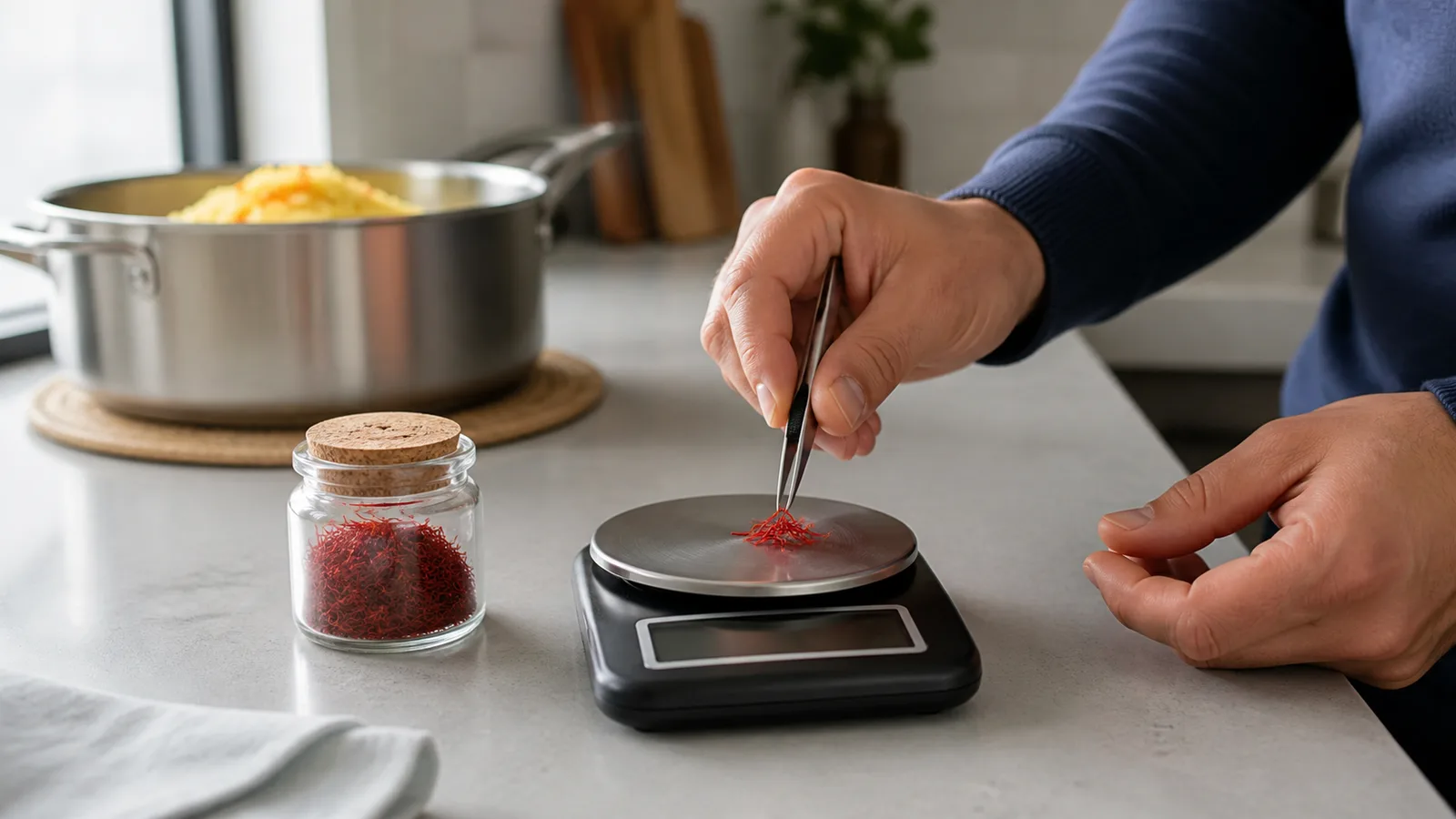 Person weighing a small culinary pinch of saffron beside a rice pot