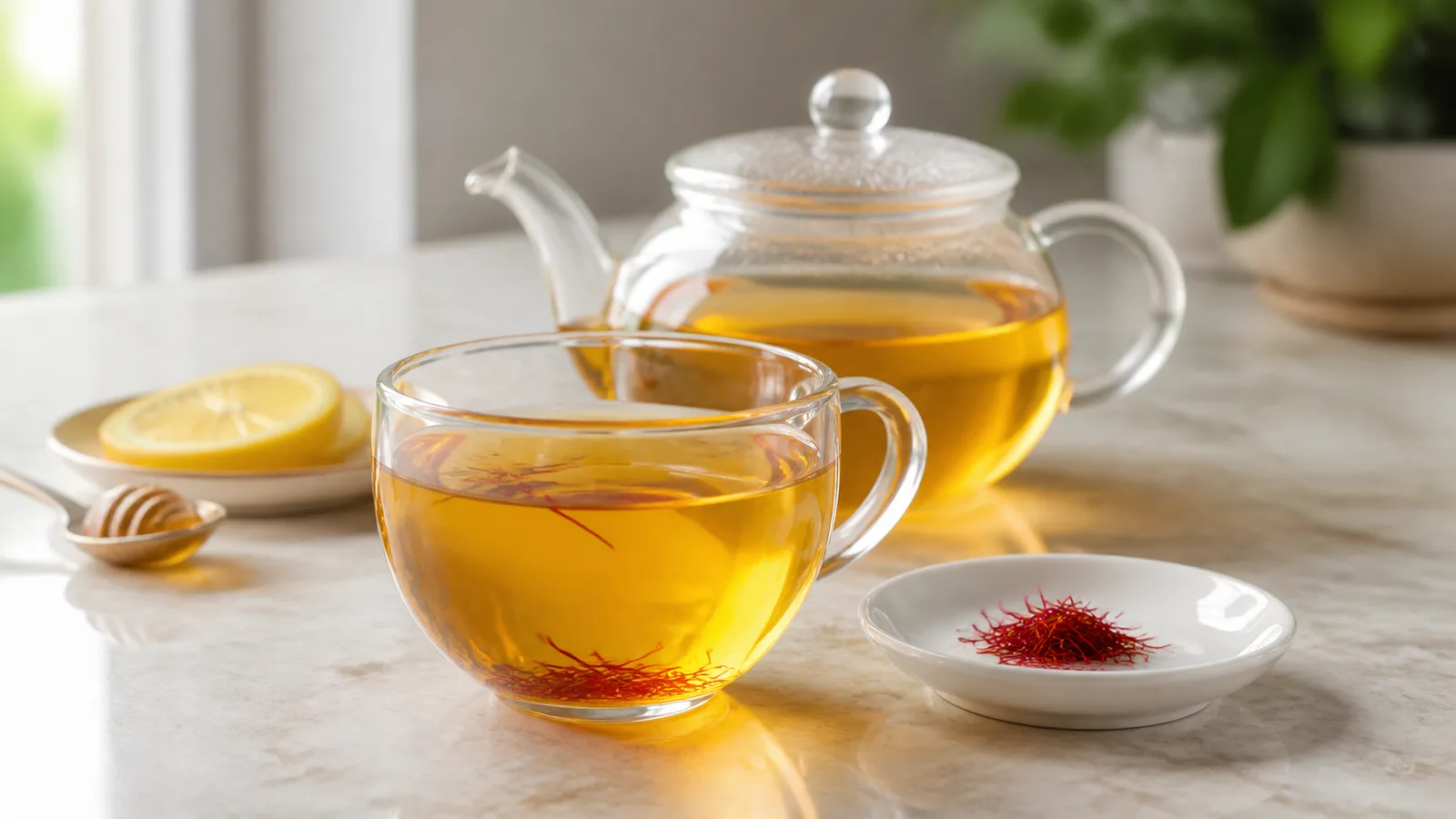 Saffron threads steeping in a glass cup of golden tea