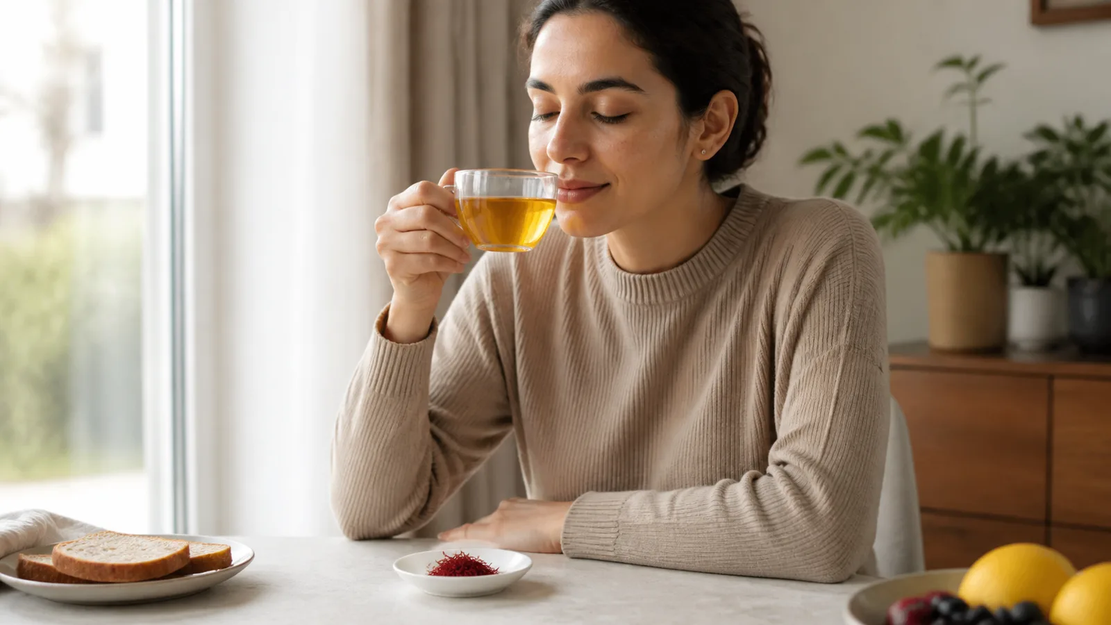 Person smelling a glass cup of saffron tea beside saffron threads