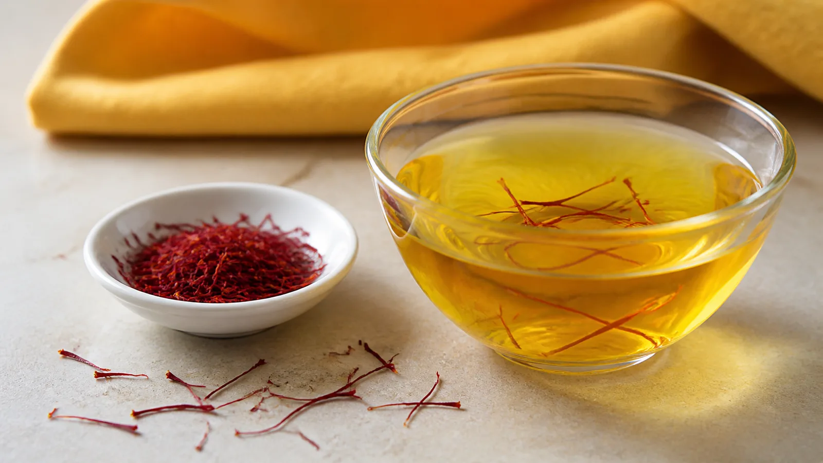 Deep red saffron threads beside a golden saffron infusion