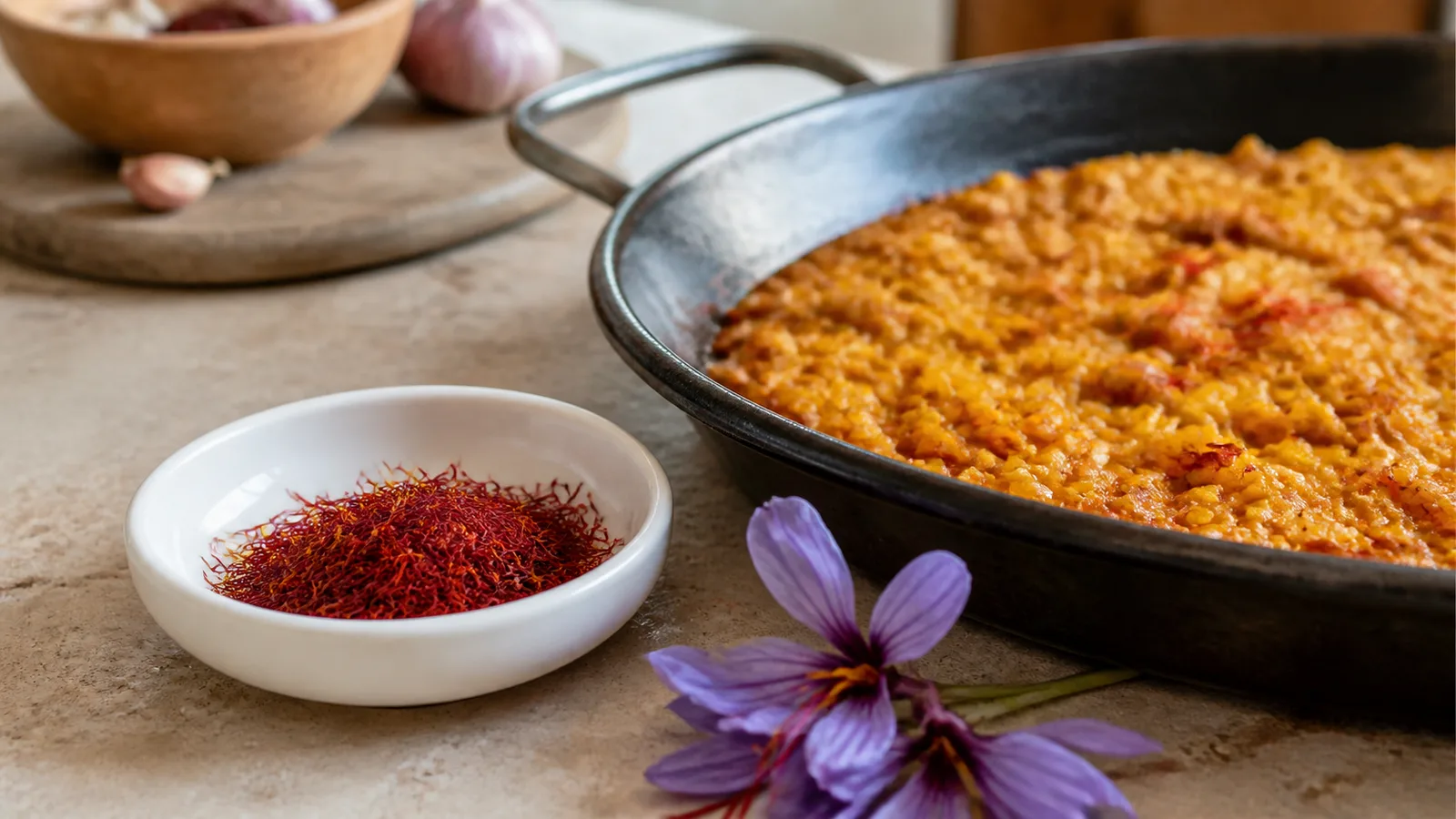 Spanish saffron threads beside a pan of golden rice