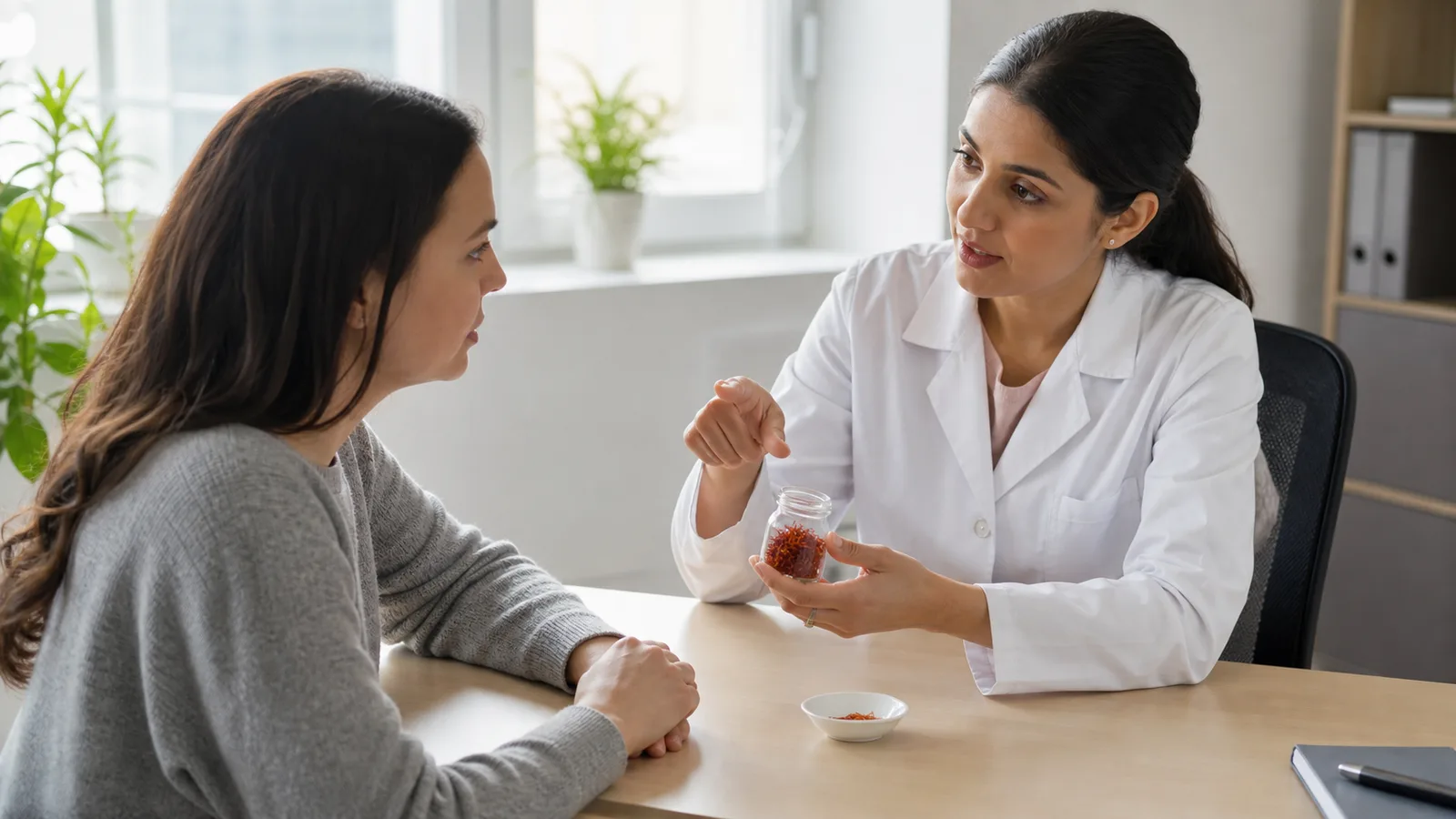 Patient discussing a jar of saffron threads with a clinician