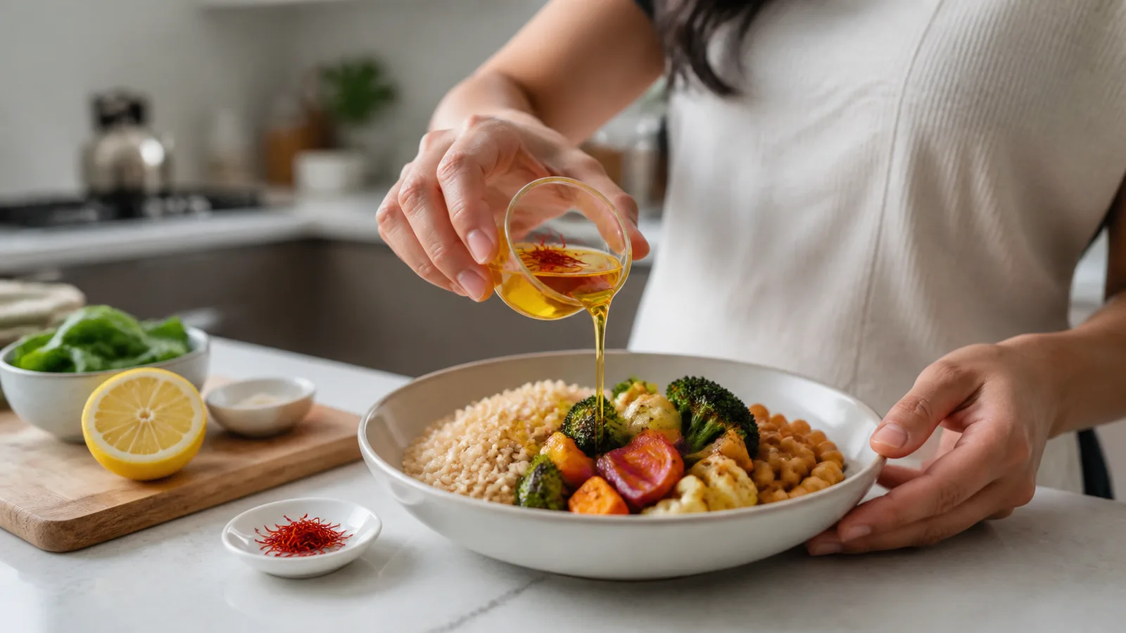 Saffron infusion added to a balanced meal with vegetables and chickpeas