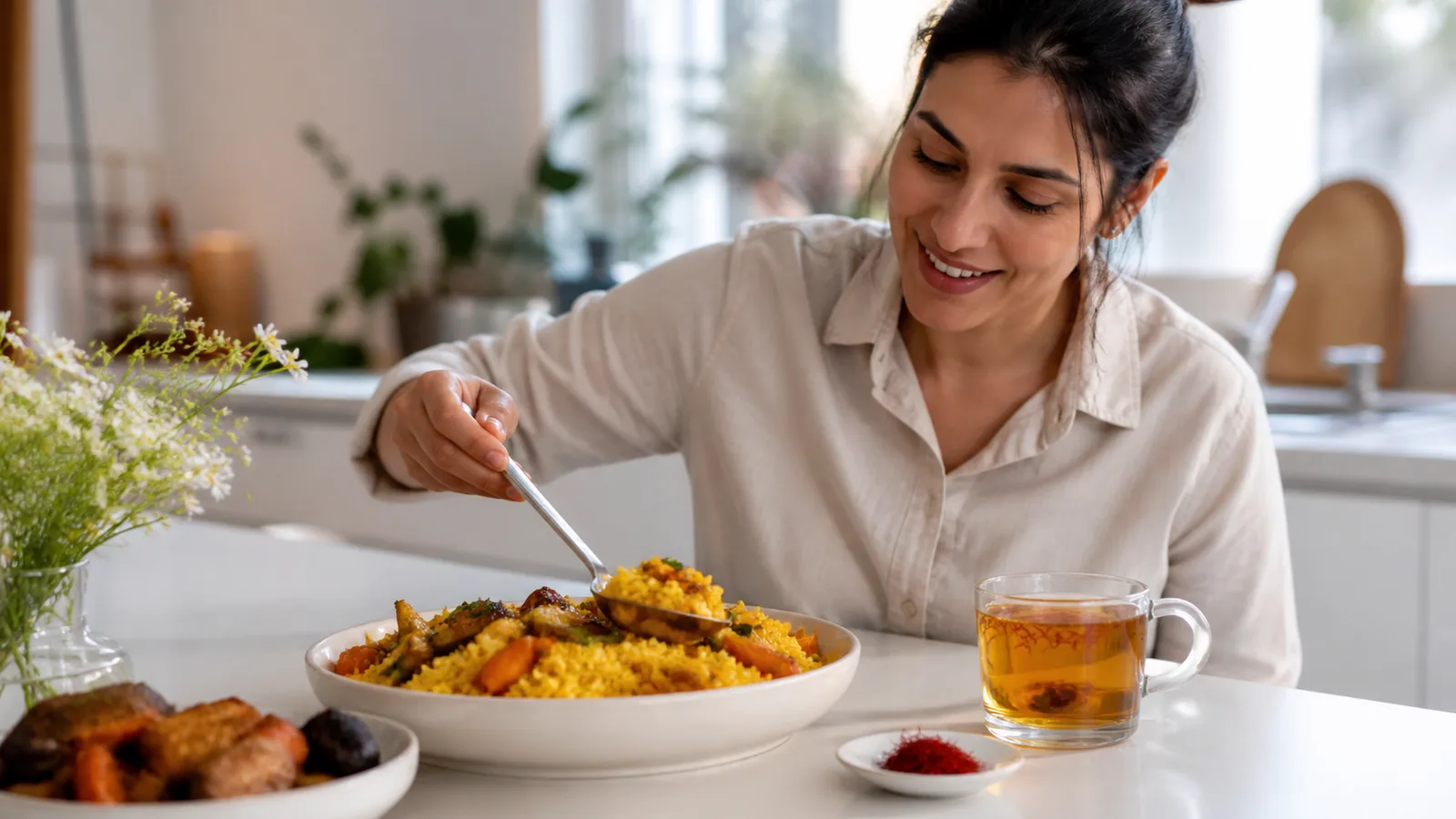 Person serving saffron rice beside saffron tea and red threads