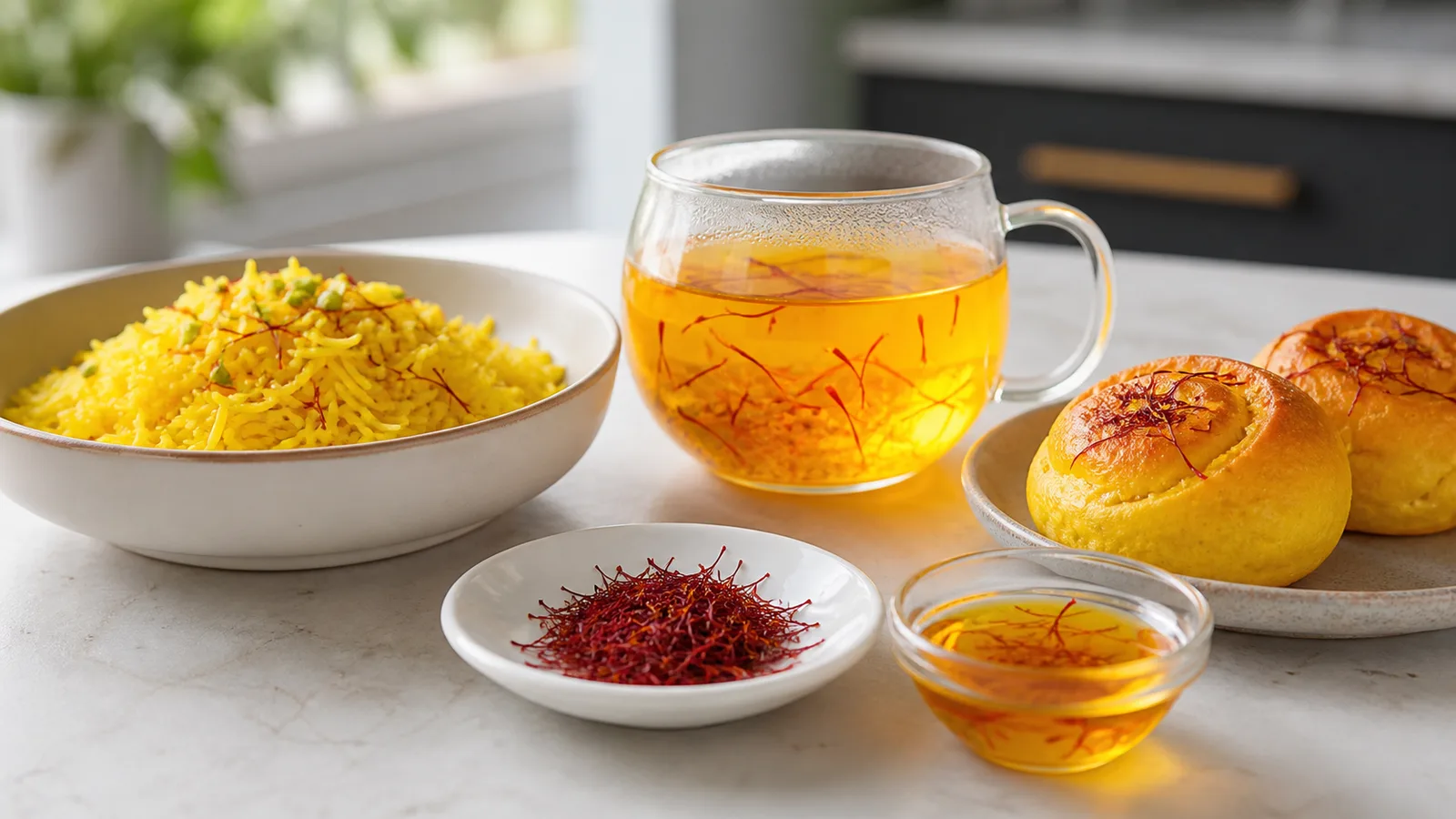 Saffron rice tea buns threads and golden infusion on a kitchen table