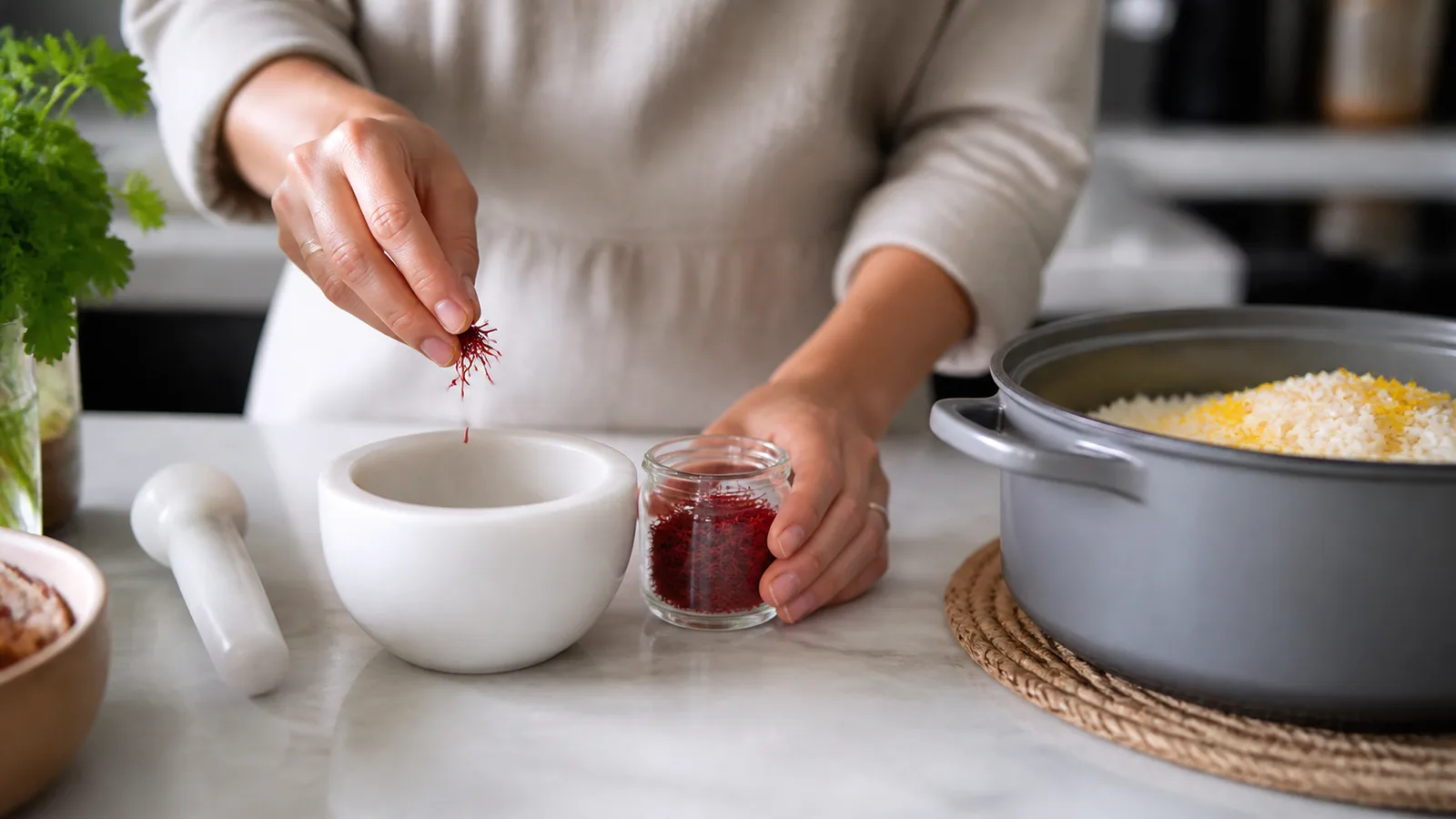 Person measuring a small culinary pinch of saffron beside rice