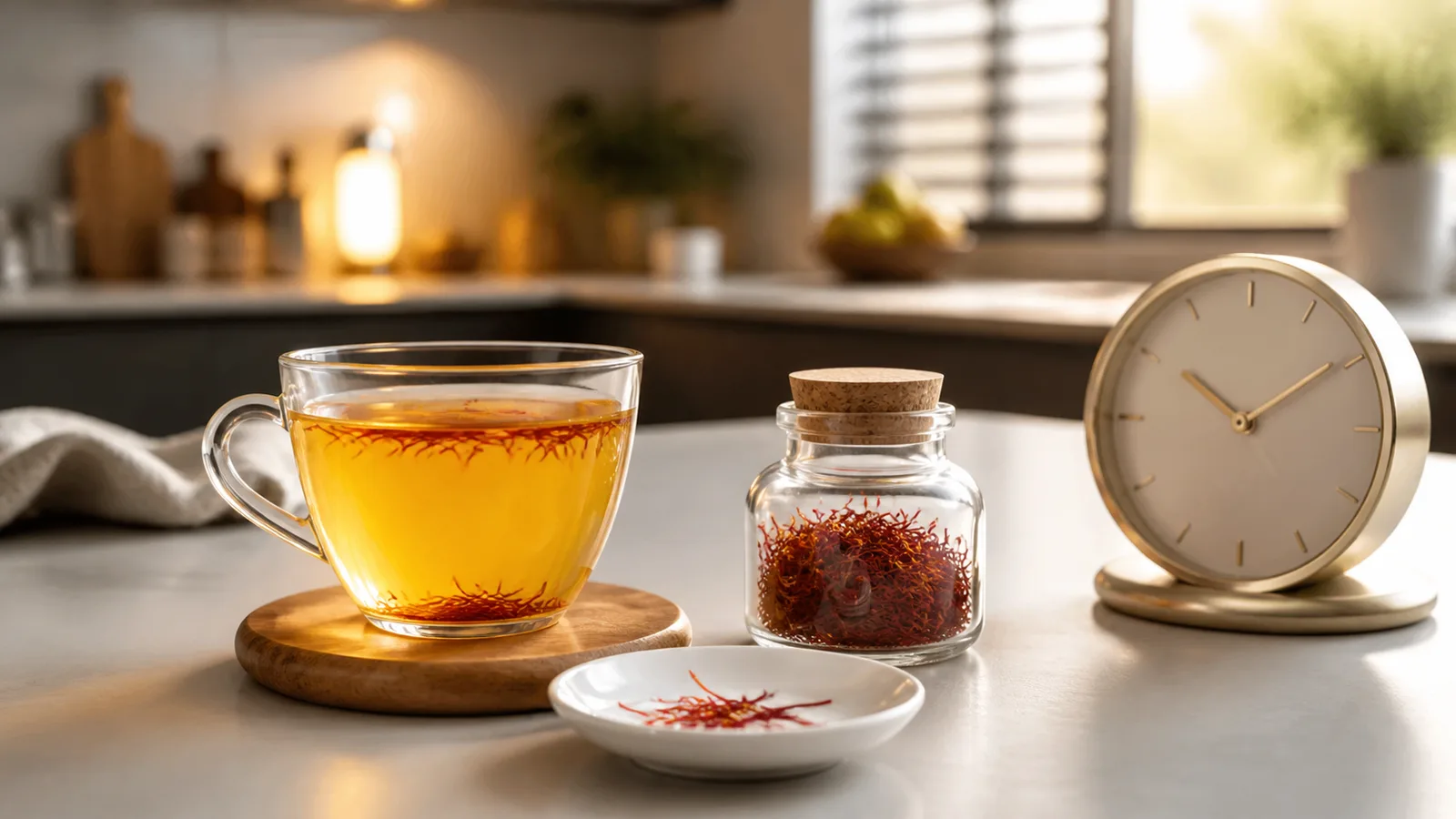 Saffron infusion and threads beside an analog clock