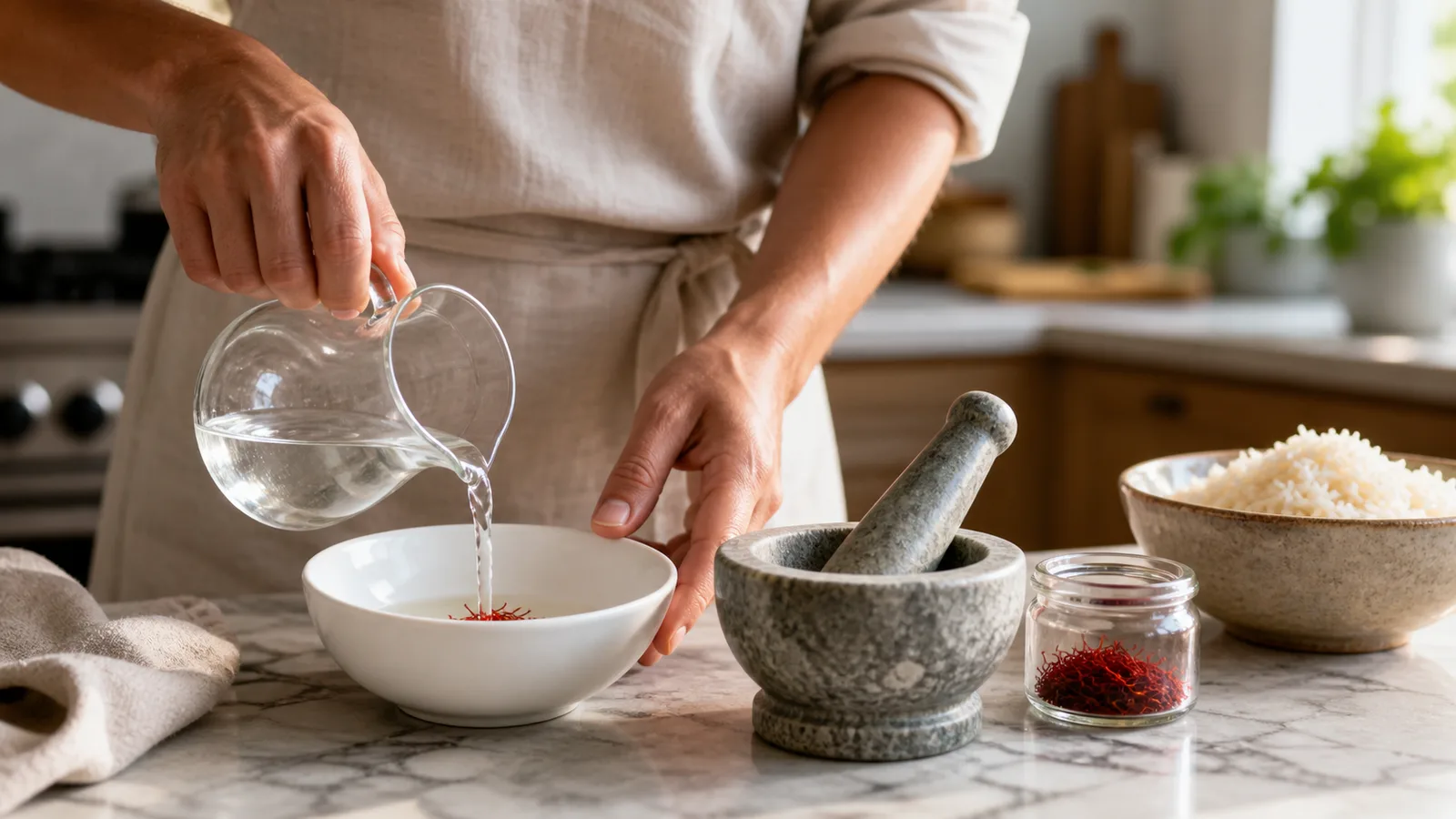 Person blooming saffron threads in warm water beside rice