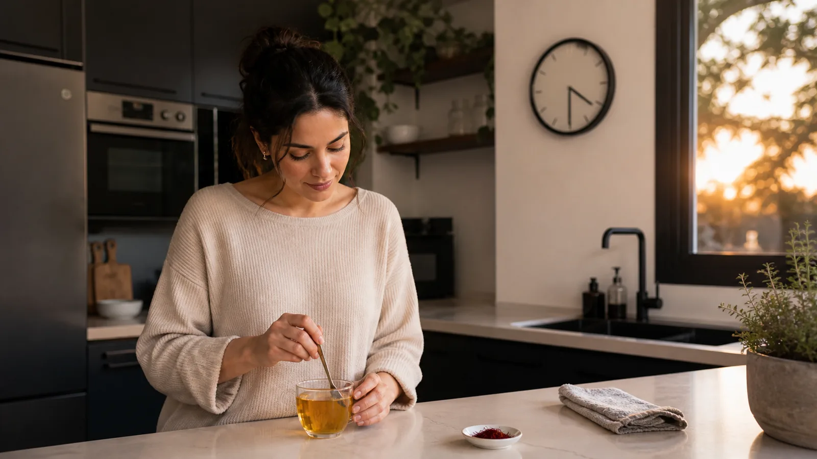 Person preparing saffron infusion beside an analog clock