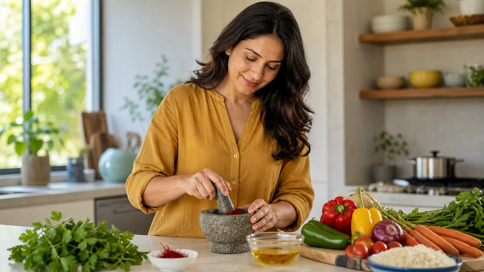 Woman preparing saffron threads in a modern kitchen