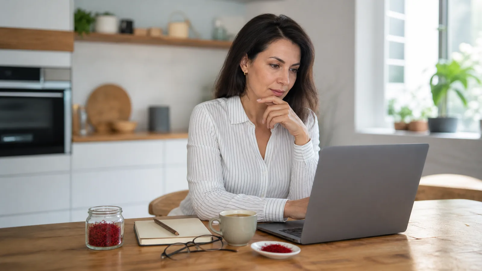 Woman researching saffron and estrogen evidence at home