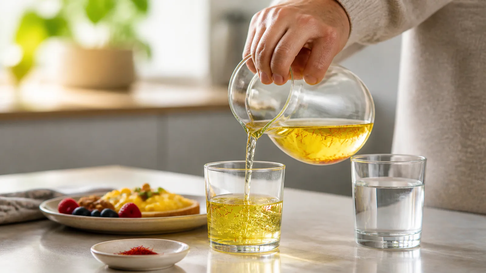 Hand pouring golden saffron water into a glass at breakfast