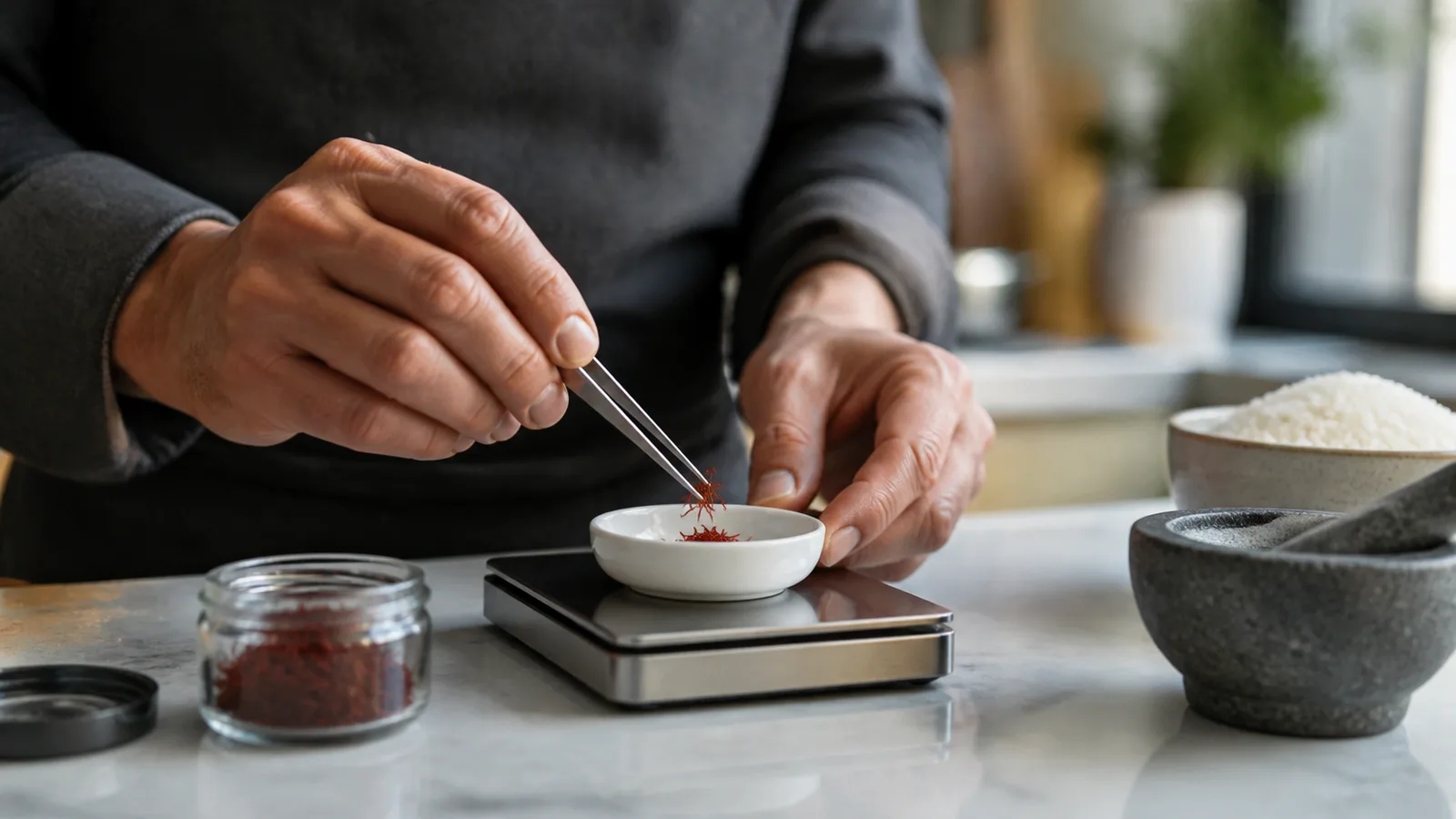 Hand placing saffron threads on a small kitchen scale