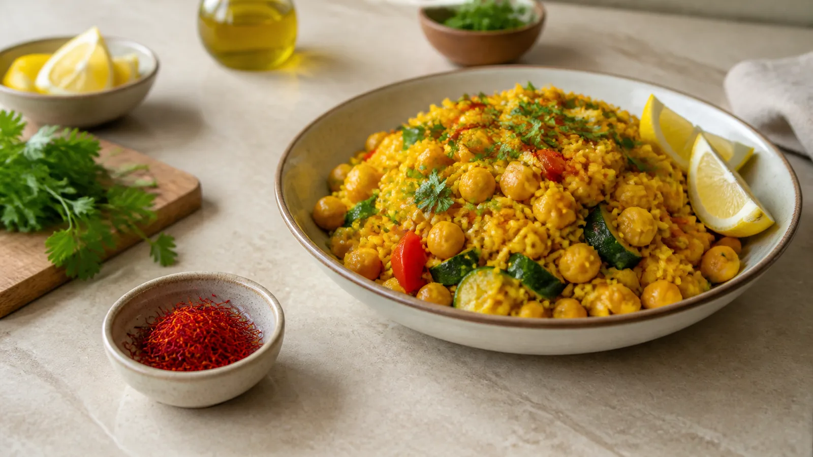 Saffron threads beside a nutritious saffron rice dish with vegetables