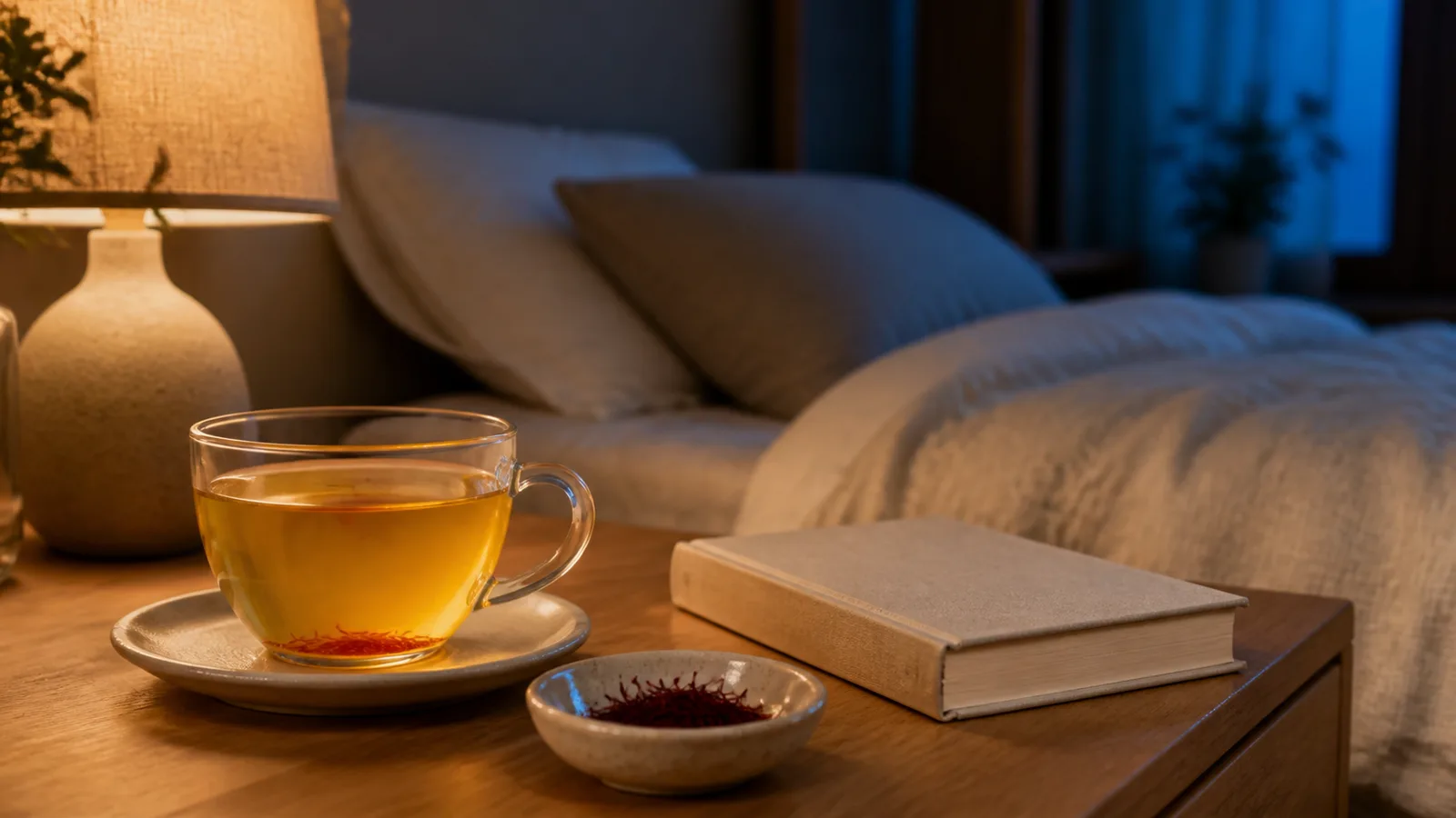 Cup of saffron infusion beside a bed in the evening