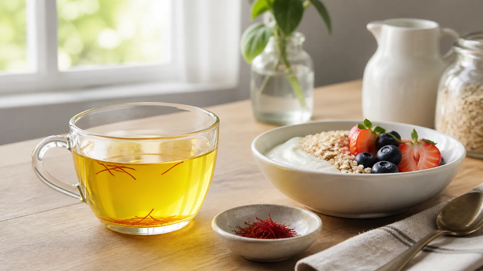 Saffron water beside a light breakfast