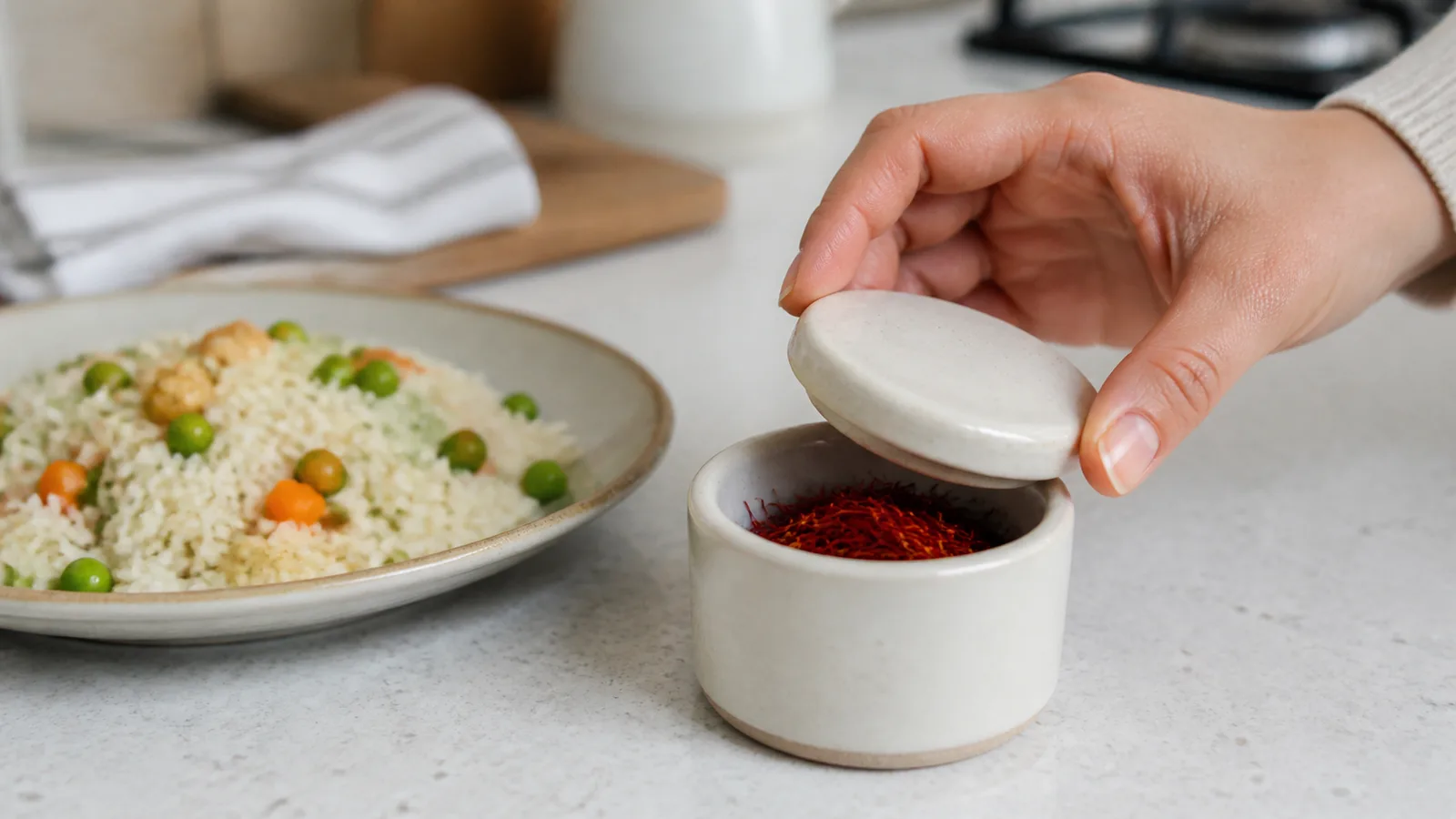 Hand closing a jar of saffron beside a meal