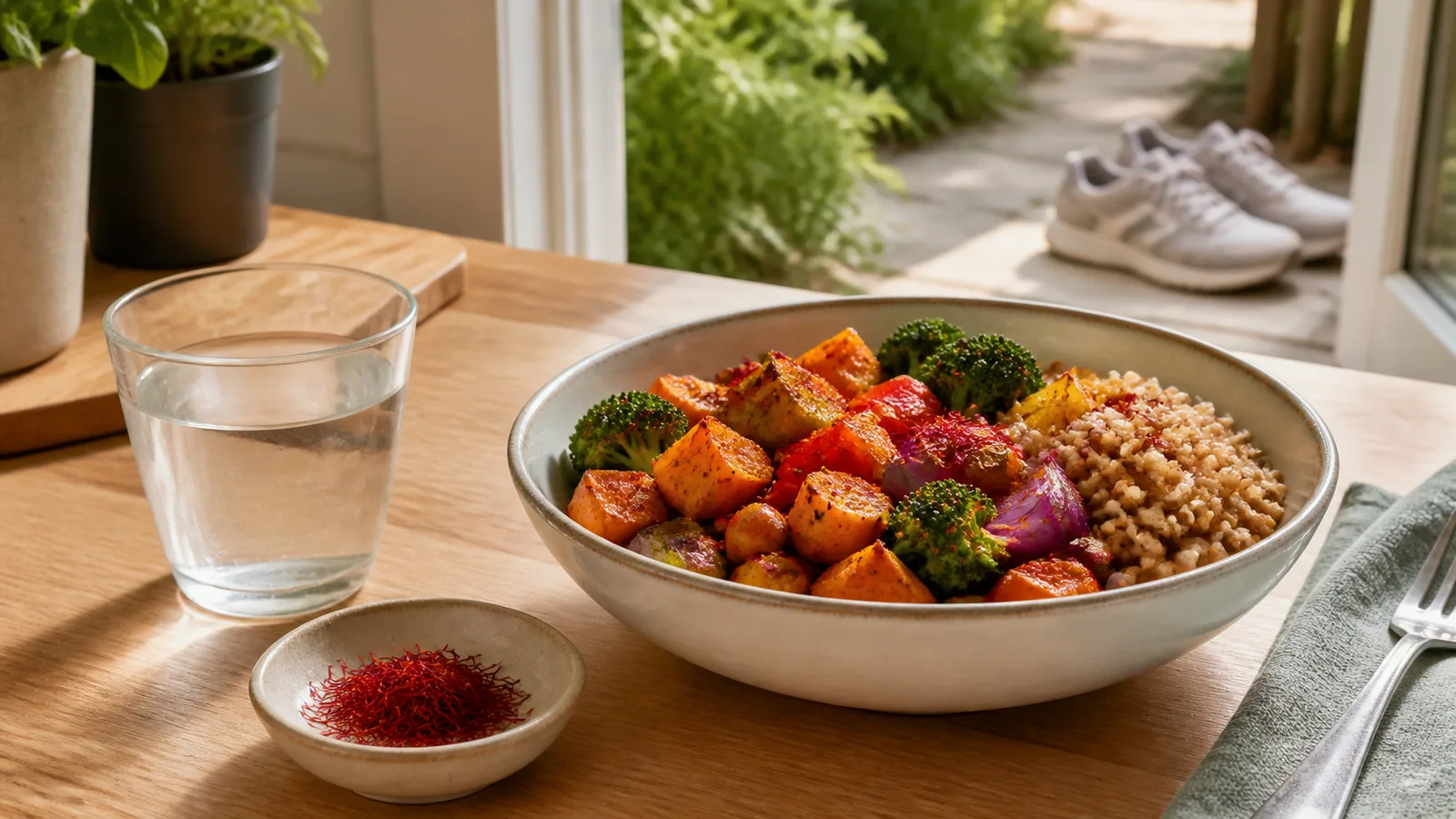 Saffron beside a balanced vegetable and whole-grain meal