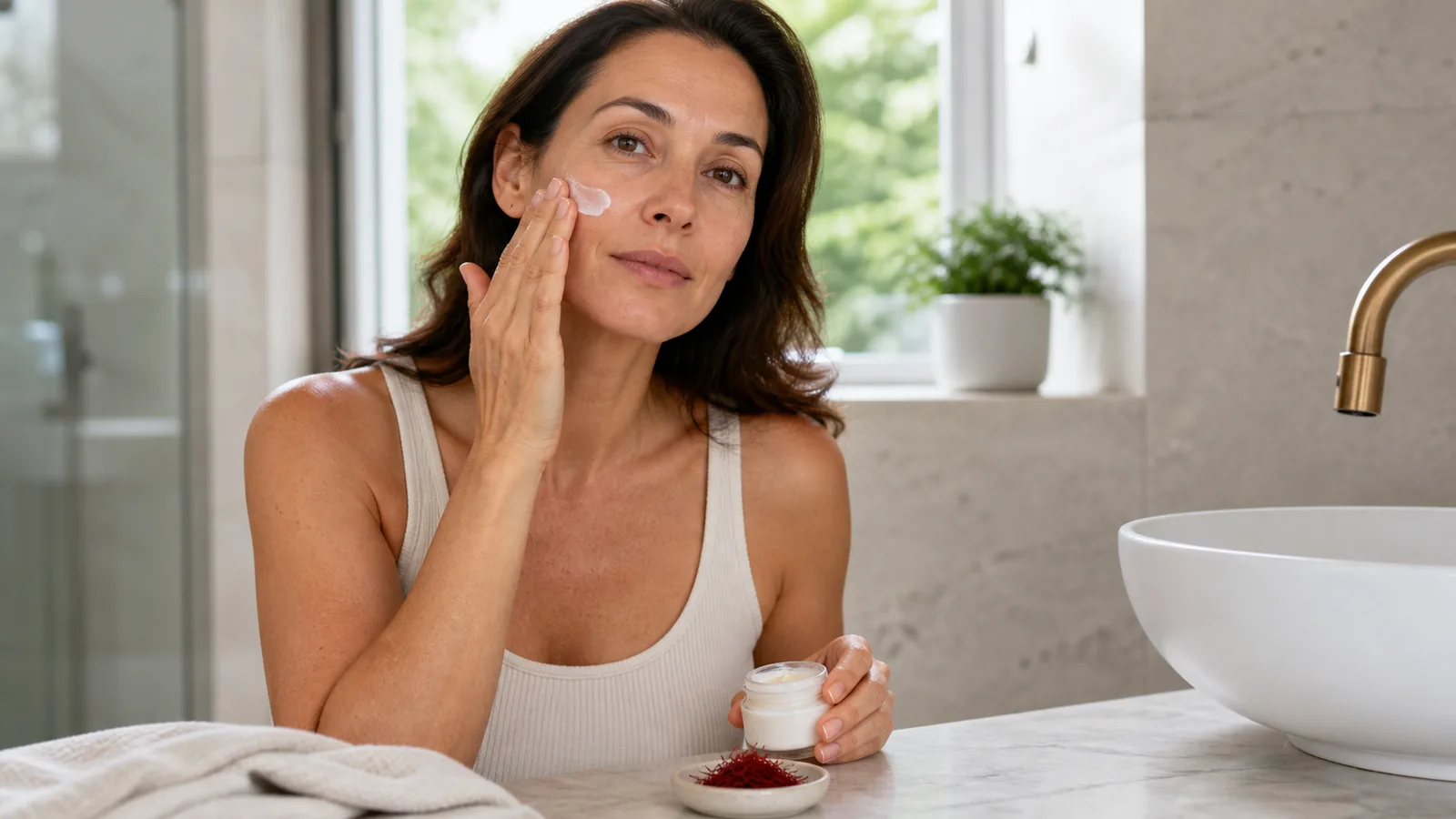 Woman applying moisturizer with saffron threads on the vanity