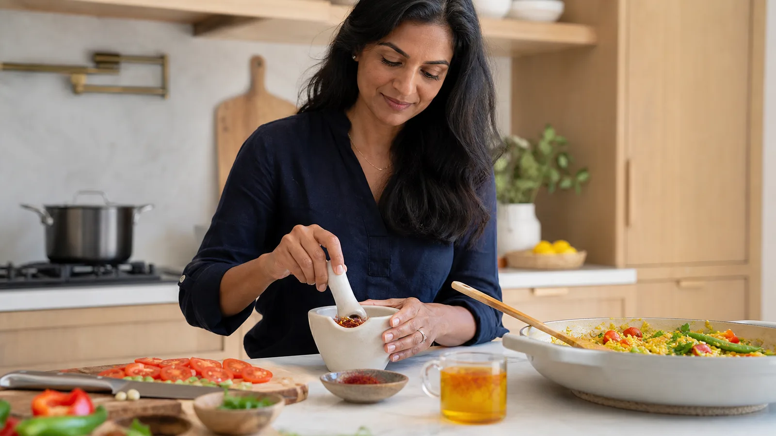 Woman preparing saffron for a meal and warm infusion