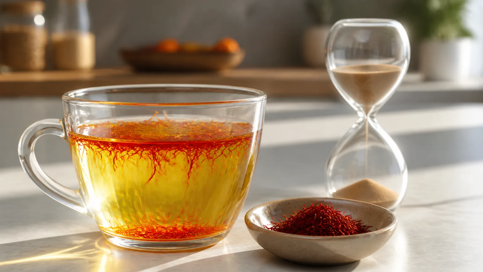 Saffron infusion beside an hourglass representing time