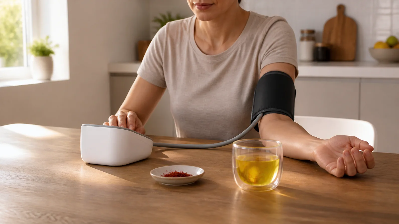 Woman measuring blood pressure beside saffron threads and infusion