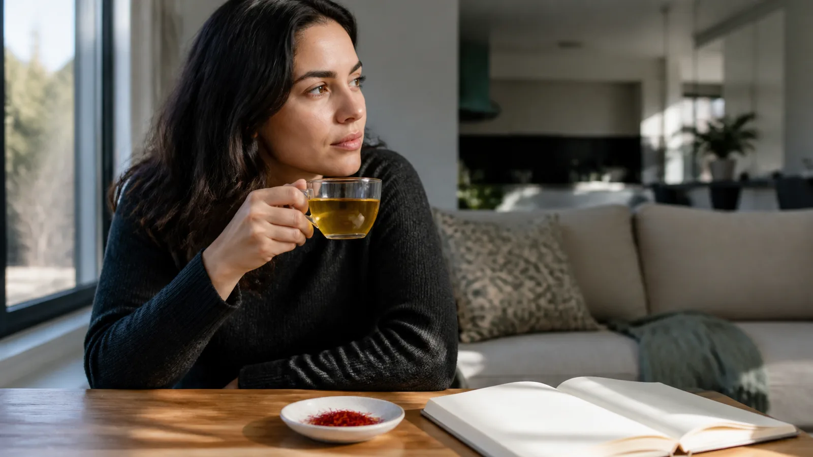 Woman with saffron tea reflecting on mood and wellbeing