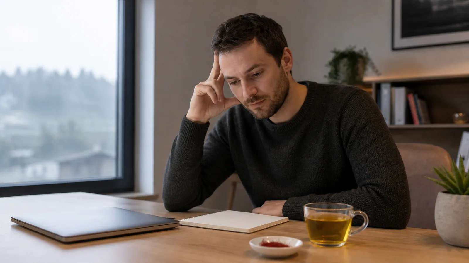 Man taking a concentration break beside saffron tea and threads