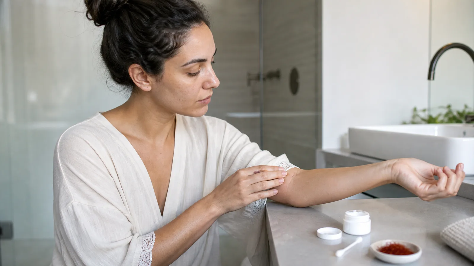 Woman checking a skincare test area beside cream and saffron threads