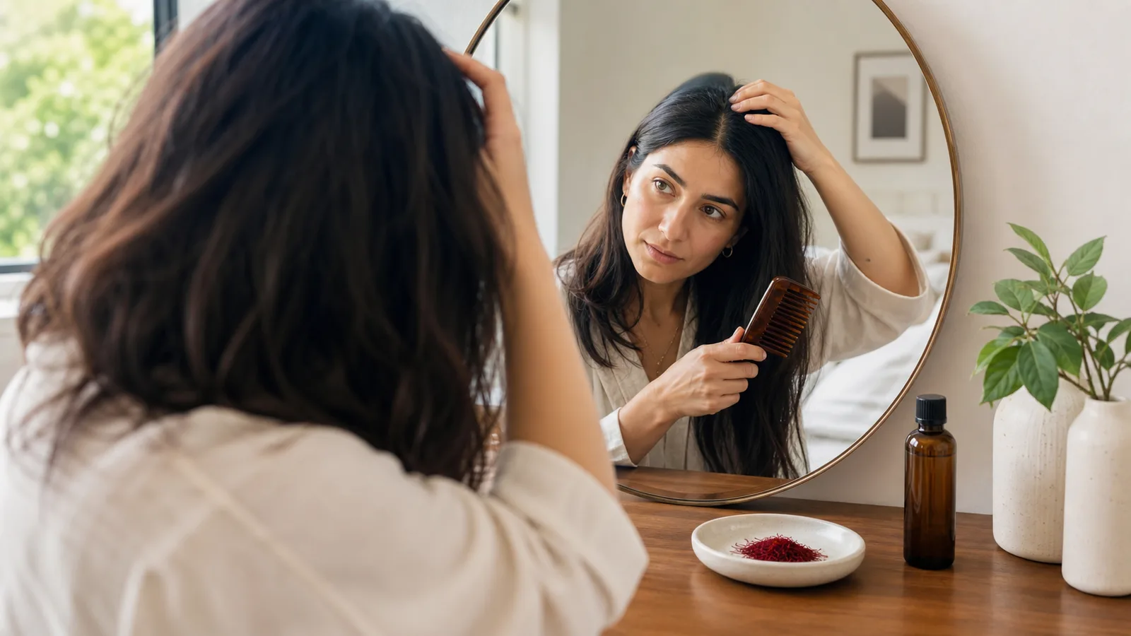 Woman examining her scalp beside saffron threads and unbranded hair oil