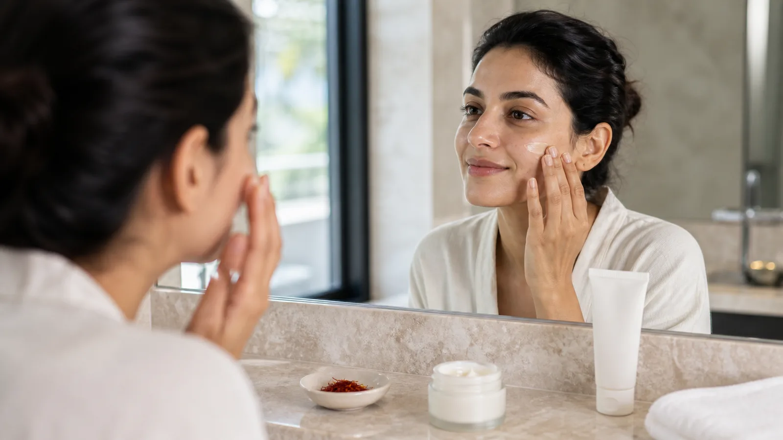 Woman applying a finished facial cream beside saffron threads as part of a saffron skincare routine
