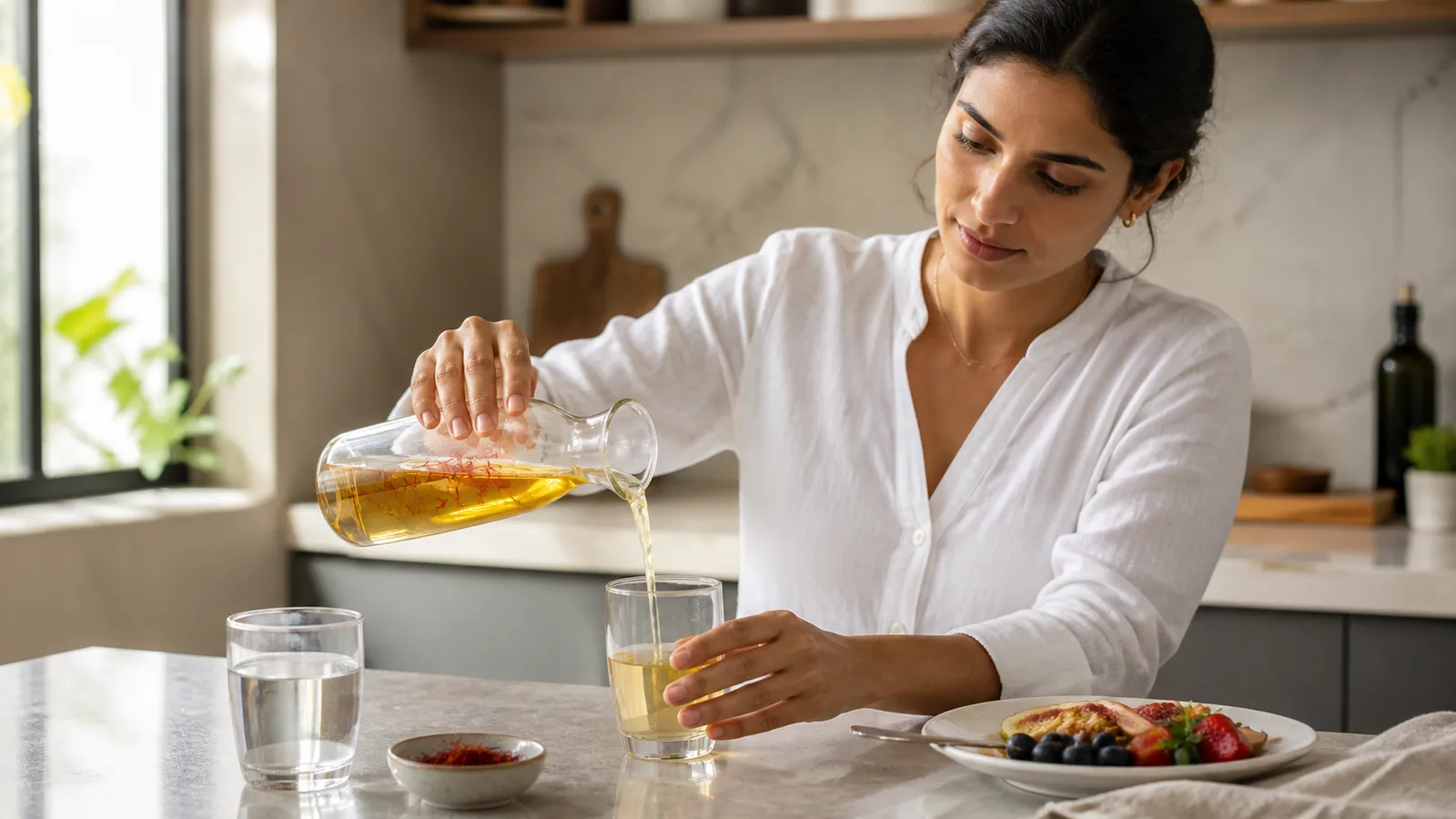 Woman pouring a lightly infused saffron water drink beside genuine saffron threads