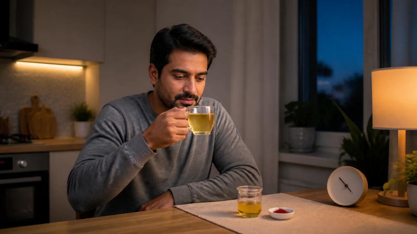 Man drinking lightly infused saffron water at night in a quiet kitchen