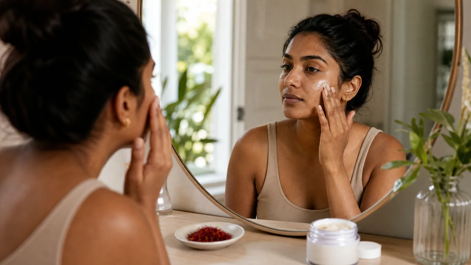 Woman applying sunscreen beside a facial cream and genuine saffron threads