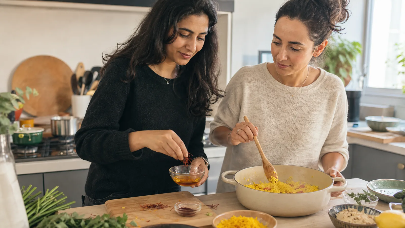 Two friends preparing saffron rice together in a modern kitchen